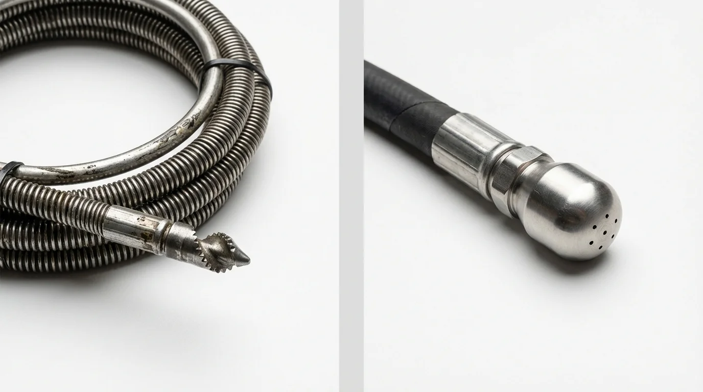 Drain snake cable and hydro jetting nozzle used for drain cleaning in Jefferson, GA