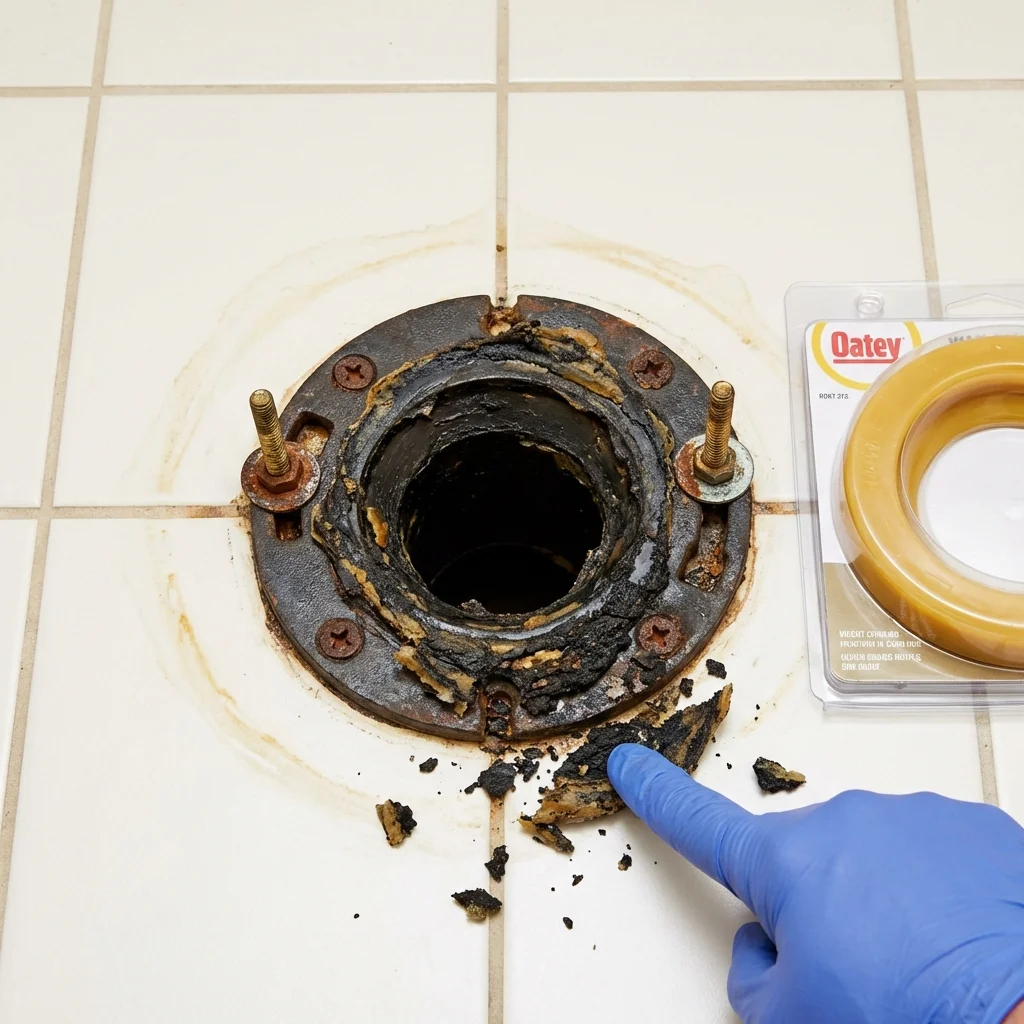Failed wax ring showing water seepage at the base of a toilet in a Jefferson, GA home