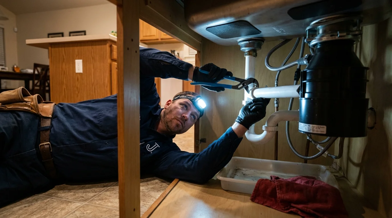 P-trap and supply line connections under a kitchen sink showing a common leak point in Jefferson, GA